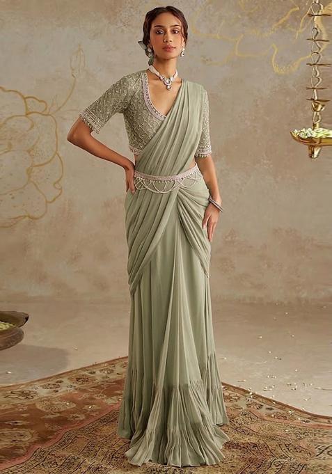 Mist Green Hand Work Georgette Pre Draped Saree Set