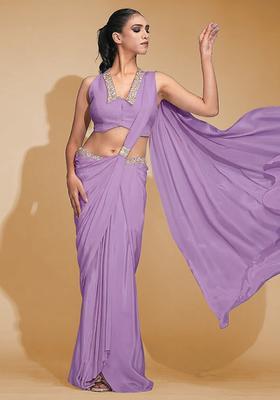 Lilac Purple Hand Work Crepe Pre Draped Saree Set