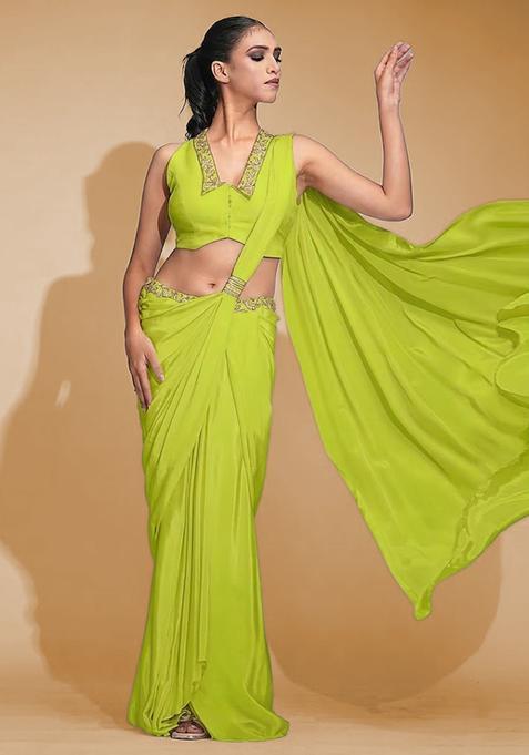 Lime Green Hand Work Crepe Pre Draped Saree Set