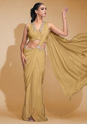 Beige Hand Work Crepe Pre Draped Saree Set