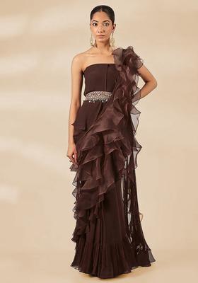 Chocolate Brown Hand Work Chiffon Pre Draped Saree Set
