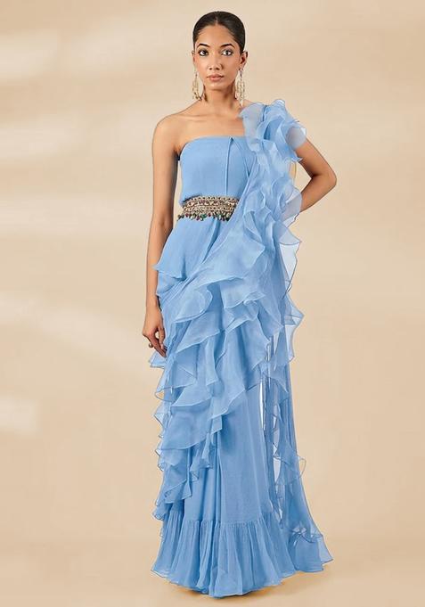 Pastel Blue Hand Work Chiffon Pre Draped Saree Set