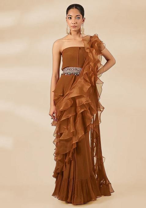 Olive Brown Hand Work Chiffon Pre Draped Saree Set