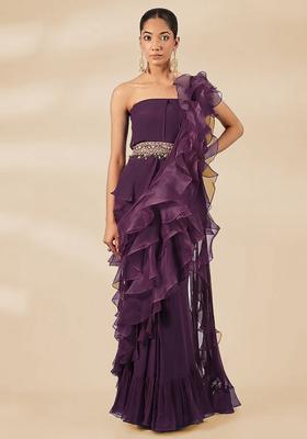 Purple Hand Work Chiffon Pre Draped Saree Set