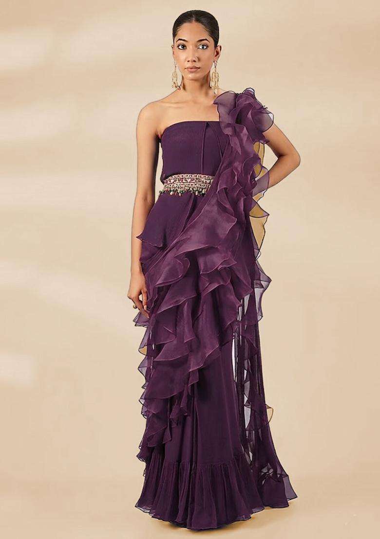 Purple Hand Work Chiffon Pre Draped Saree Set - Indya