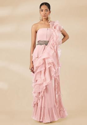 Soft Pink Hand Work Chiffon Pre Draped Saree Set