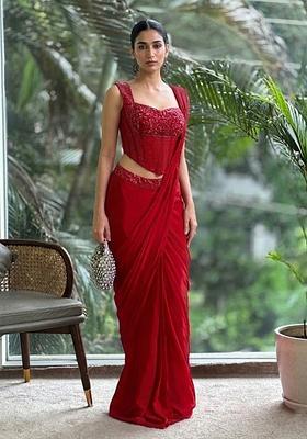 Bright Red Hand Work Satin Pre Draped Saree Set