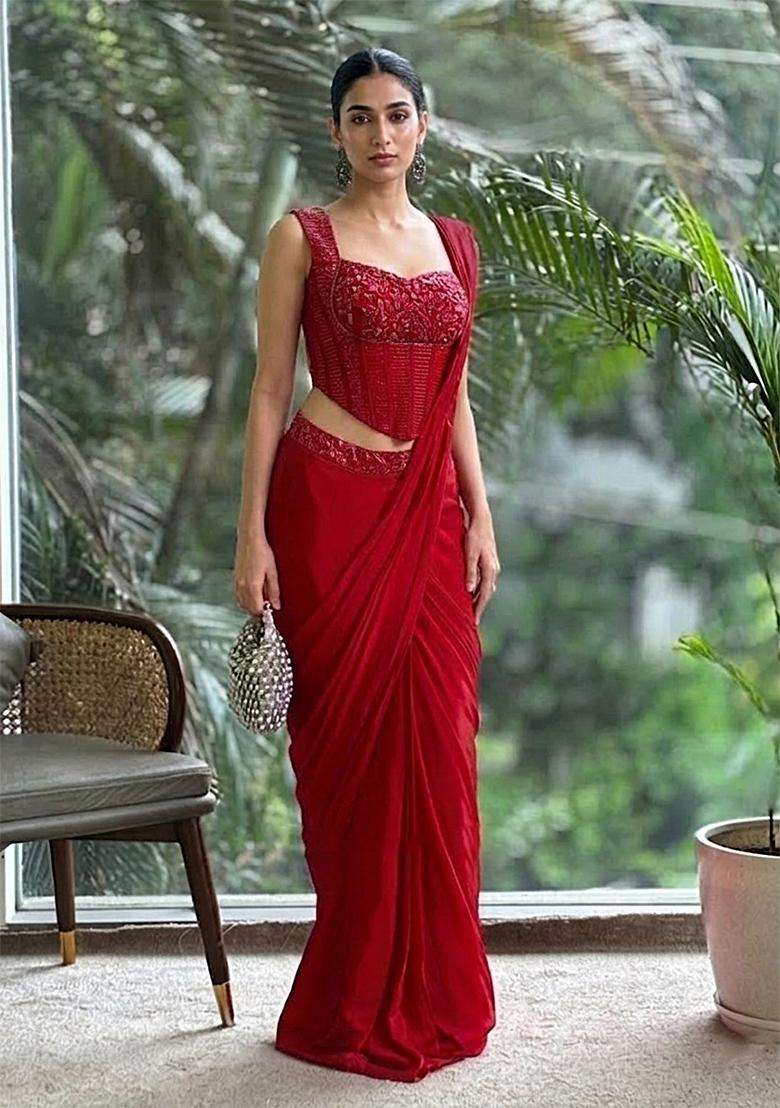 Bright Red Hand Work Satin Pre Draped Saree Set - Indya