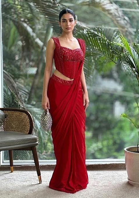 Bright Red Hand Work Satin Pre Draped Saree Set