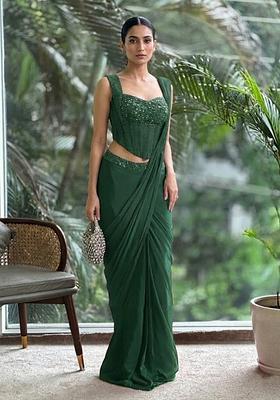 Bottle Green Hand Work Satin Pre Draped Saree Set