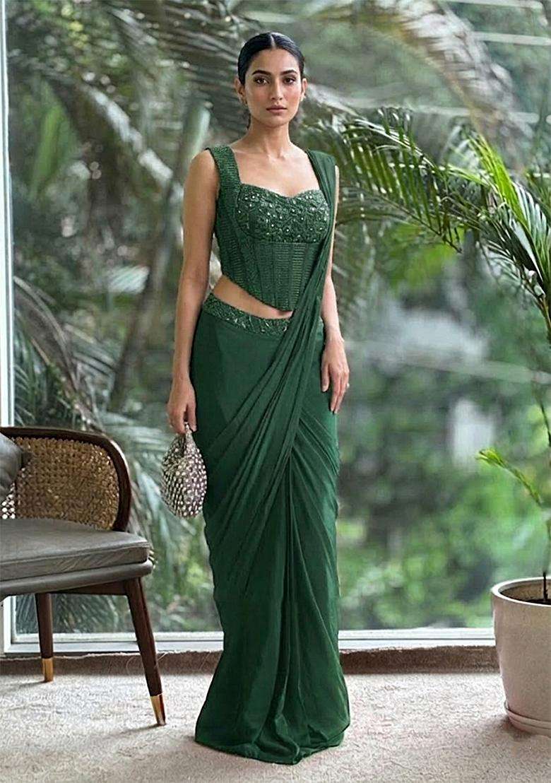 Bottle Green Hand Work Satin Pre Draped Saree Set - Indya