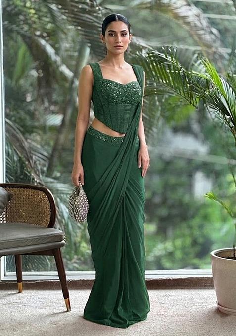 Bottle Green Hand Work Satin Pre Draped Saree Set