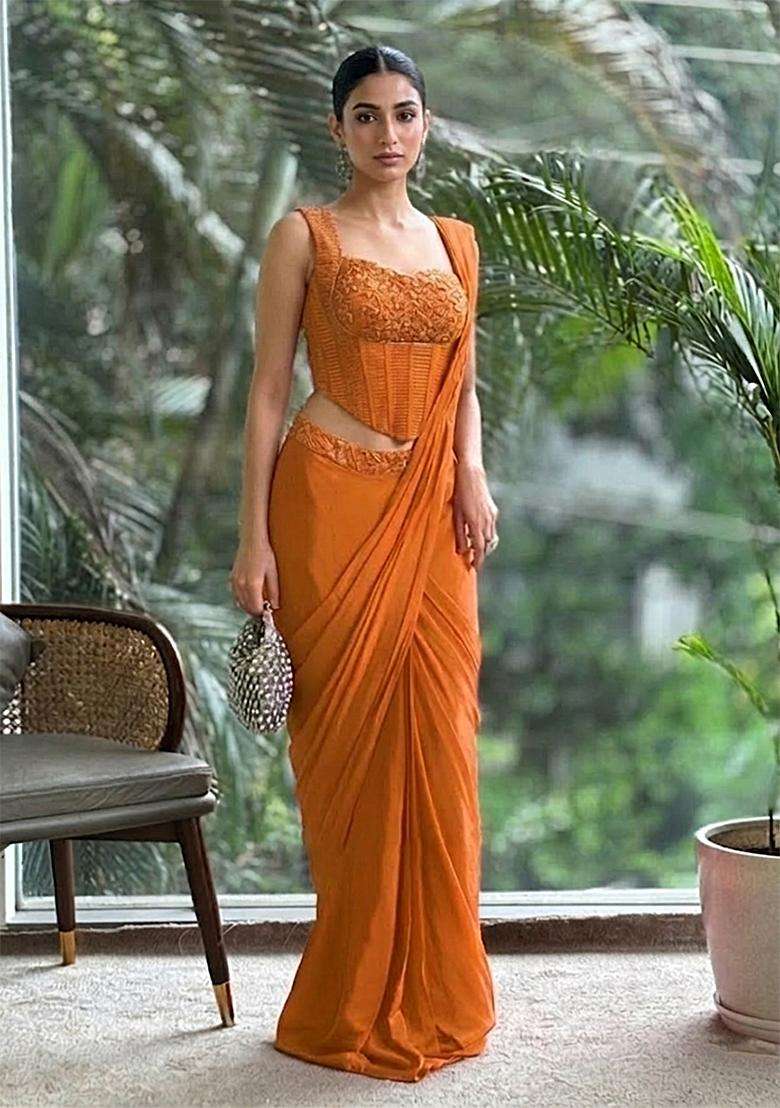 Mustard Hand Work Satin Pre Draped Saree Set - Indya