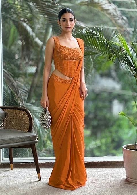 Mustard Hand Work Satin Pre Draped Saree Set