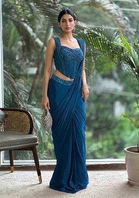 Dark Blue Hand Work Satin Pre Draped Saree Set