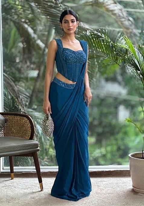 Dark Blue Hand Work Satin Pre Draped Saree Set