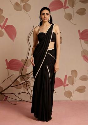 Jet Black Hand Work Georgette Pre Draped Saree Set