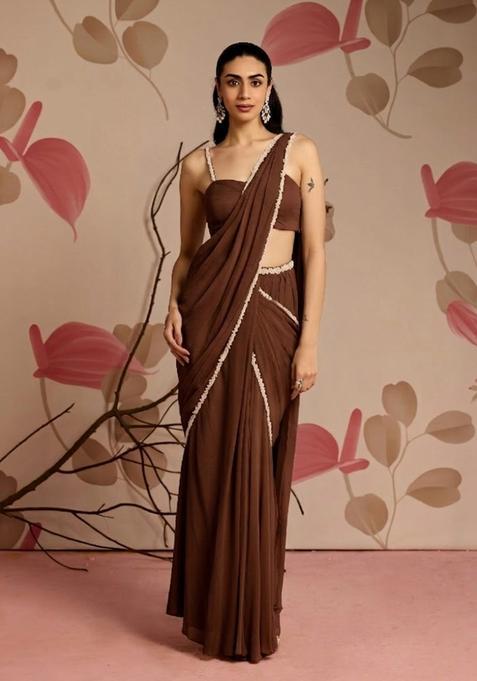 Brown Hand Work Georgette Pre Draped Saree Set