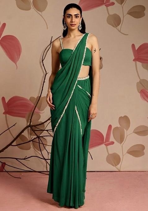 Bottle Green Hand Work Georgette Pre Draped Saree Set