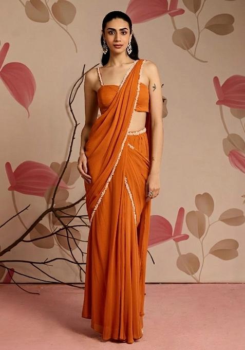 Orange Hand Work Georgette Pre Draped Saree Set