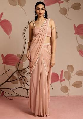 Peach Hand Work Georgette Pre Draped Saree Set