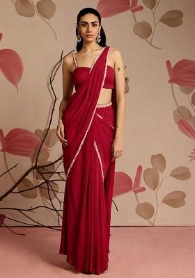 Rani Pink Hand Work Georgette Pre Draped Saree Set