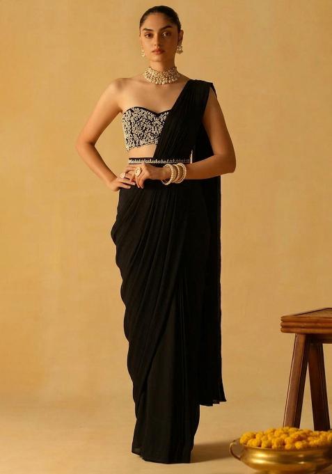 Jet Black Hand Work Crepe Pre Draped Saree Set