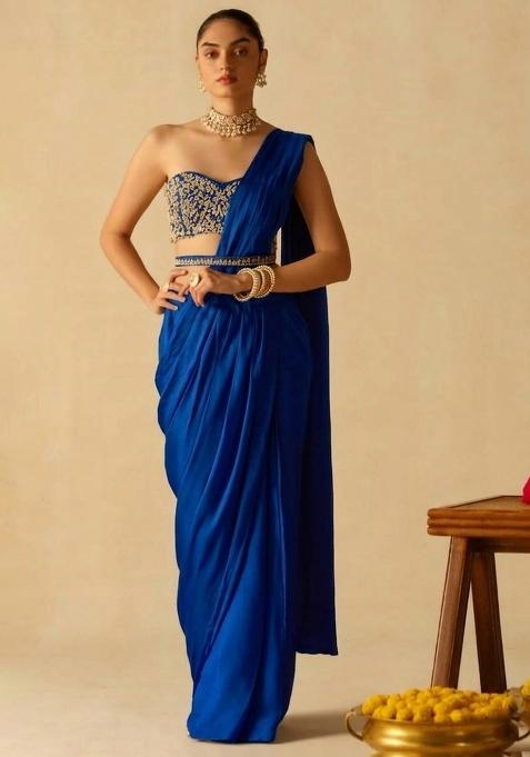 Royal Blue Hand Work Crepe Pre Draped Saree Set
