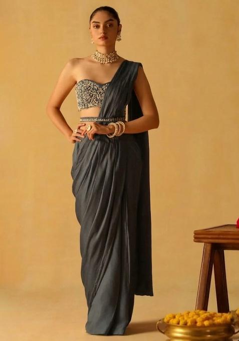Grey Hand Work Crepe Pre Draped Saree Set