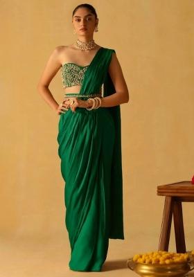 Bottle Green Hand Work Crepe Pre Draped Saree Set