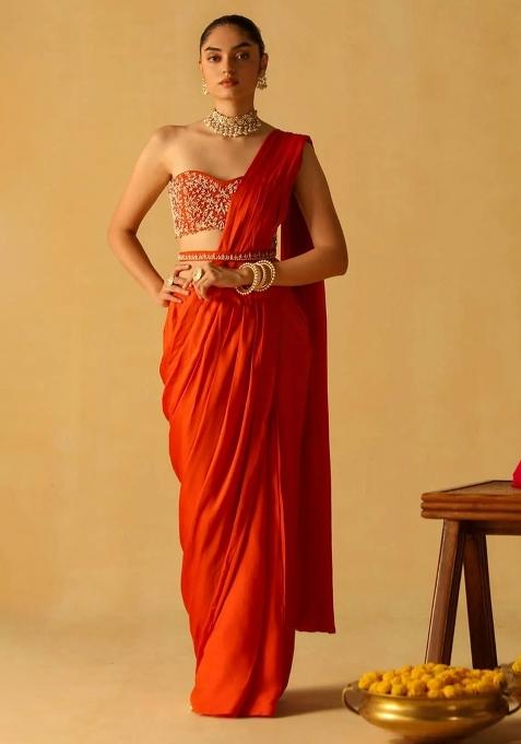 Orange Hand Work Crepe Pre Draped Saree Set