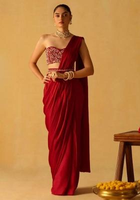 Crimson Red Hand Work Crepe Pre Draped Saree Set