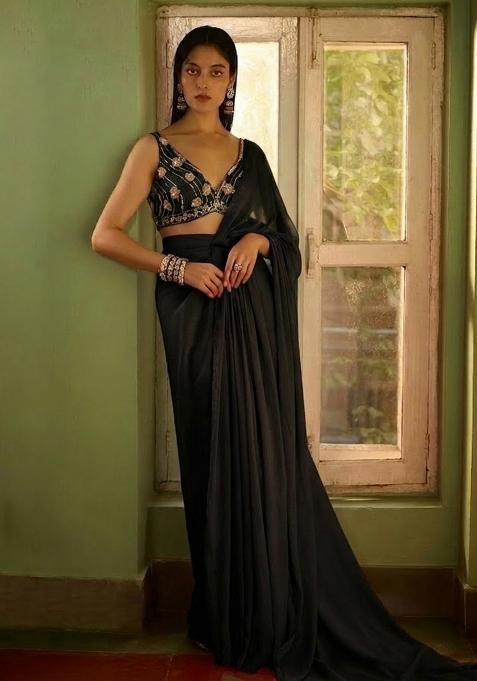 Jet Black Hand Work CHINON Pre Draped Saree Set