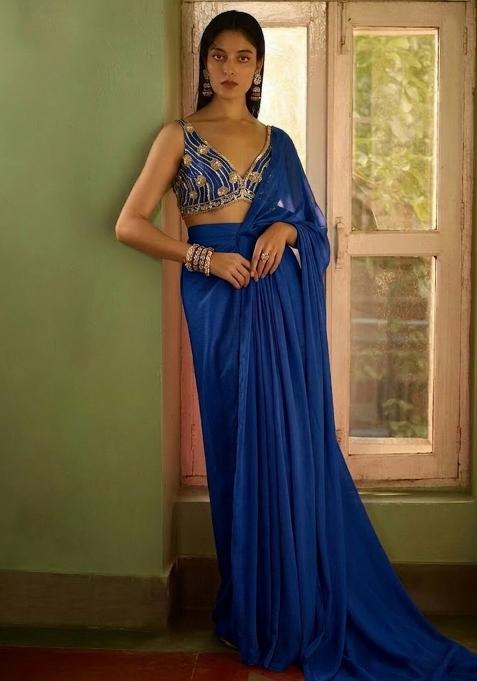 Royal Blue Hand Work CHINON Pre Draped Saree Set