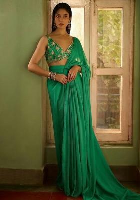 Bottle Green Hand Work CHINON Pre Draped Saree Set