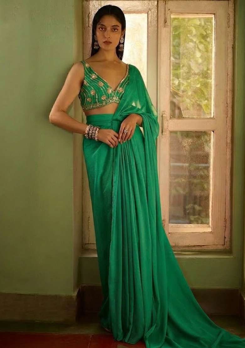 Bottle Green Hand Work CHINON Pre Draped Saree Set - Indya