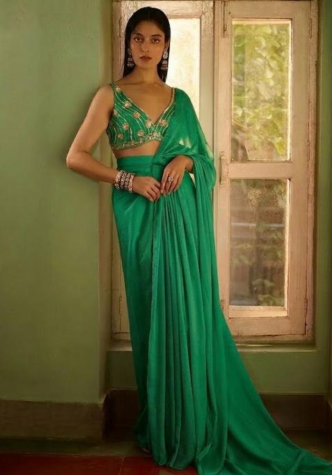 Bottle Green Hand Work CHINON Pre Draped Saree Set