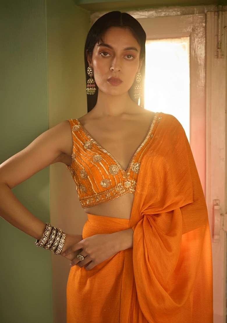 Orange Hand Work CHINON Pre Draped Saree Set - Indya