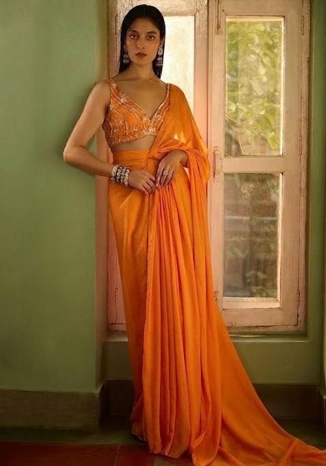 Orange Hand Work CHINON Pre Draped Saree Set