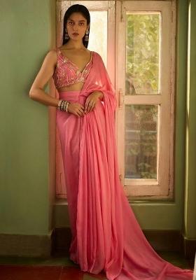 Pink Hand Work CHINON Pre Draped Saree Set
