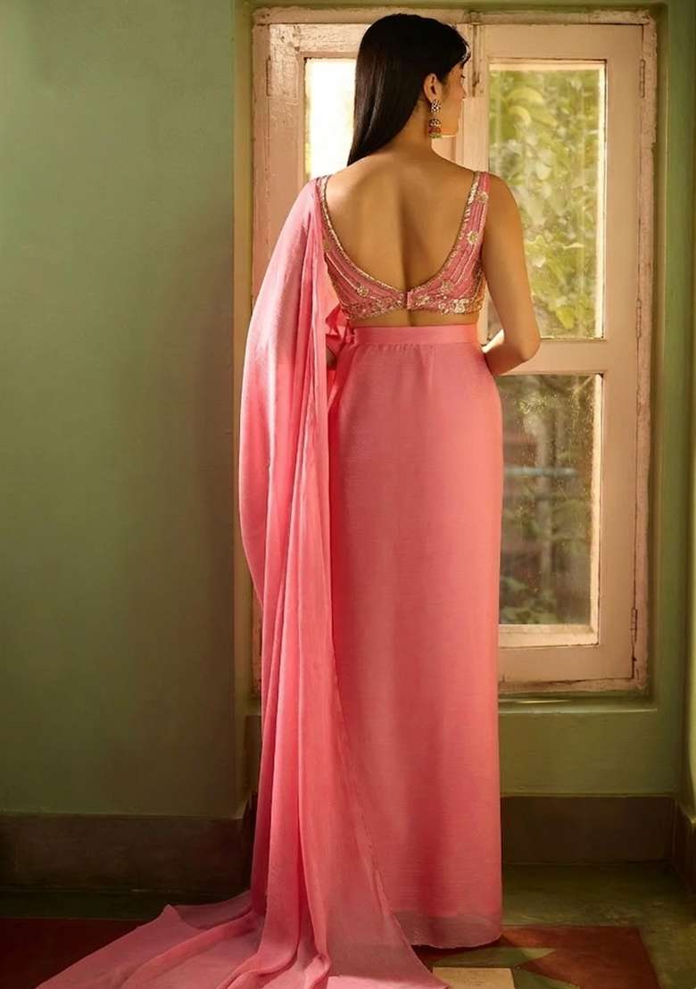 Pink Hand Work CHINON Pre Draped Saree Set - Indya