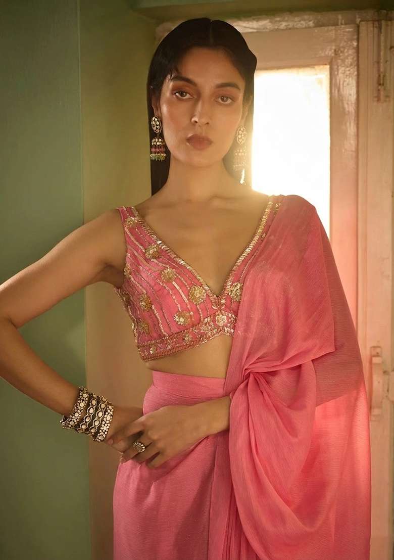Pink Hand Work CHINON Pre Draped Saree Set - Indya