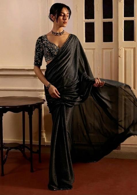Jet Black Hand Work Crepe Pre Draped Saree Set