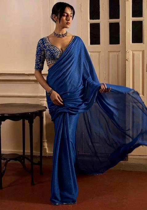 Dark Blue Hand Work Crepe Pre Draped Saree Set