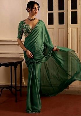 Bottle Green Hand Work Crepe Pre Draped Saree Set