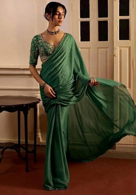 Bottle Green Hand Work Crepe Pre Draped Saree Set