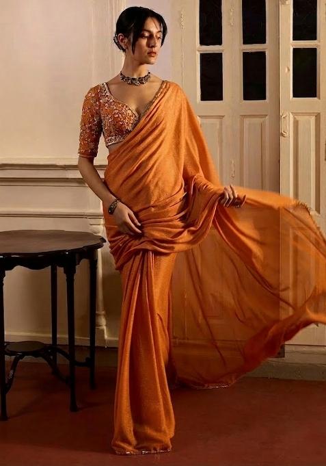 Orange Hand Work Crepe Pre Draped Saree Set
