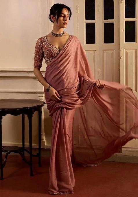Peach Hand Work Crepe Pre Draped Saree Set