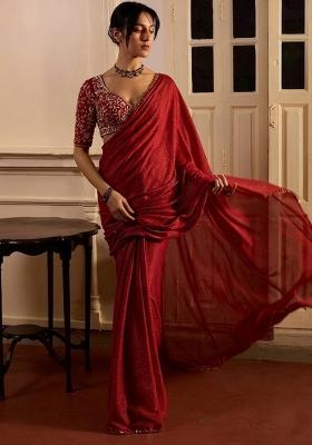 Red Hand Work Crepe Pre Draped Saree Set