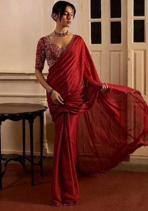 Red Hand Work Crepe Pre Draped Saree Set